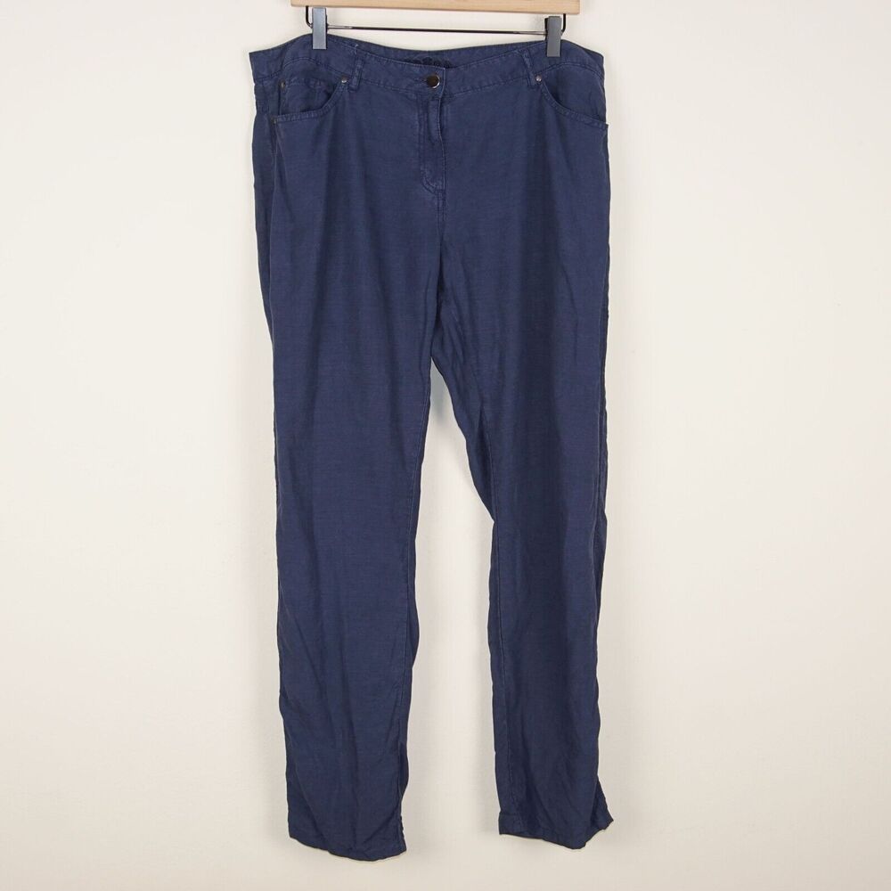 Brora Navy Blue Linen Blend Straight Trousers Womens Pants Sz UK 18 US 14
